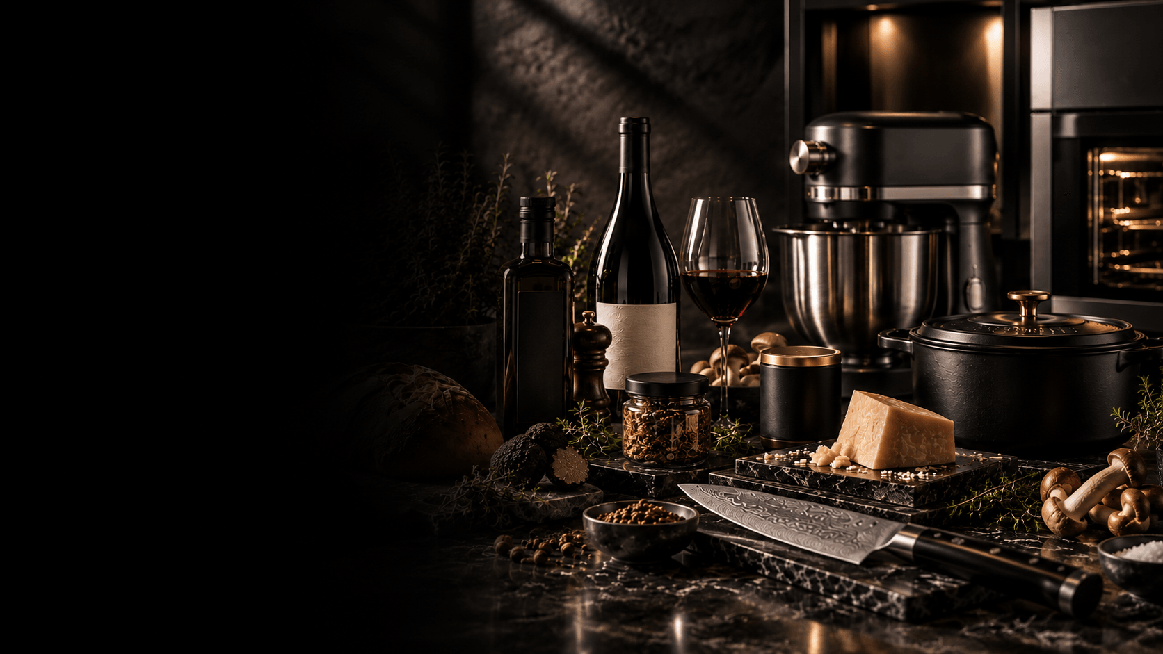 Dunkles Küchen-Stillleben mit Wein, Olivenöl, gereiftem Käse, Kochmesser und Küchenmaschine.